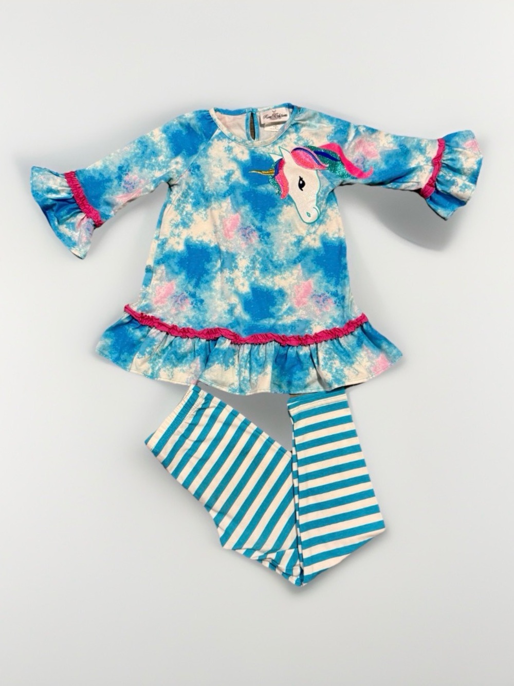 Rare Editions Sz 6 Unicorn Tie-Dye Top & Striped Leggings Set Blue white Pink